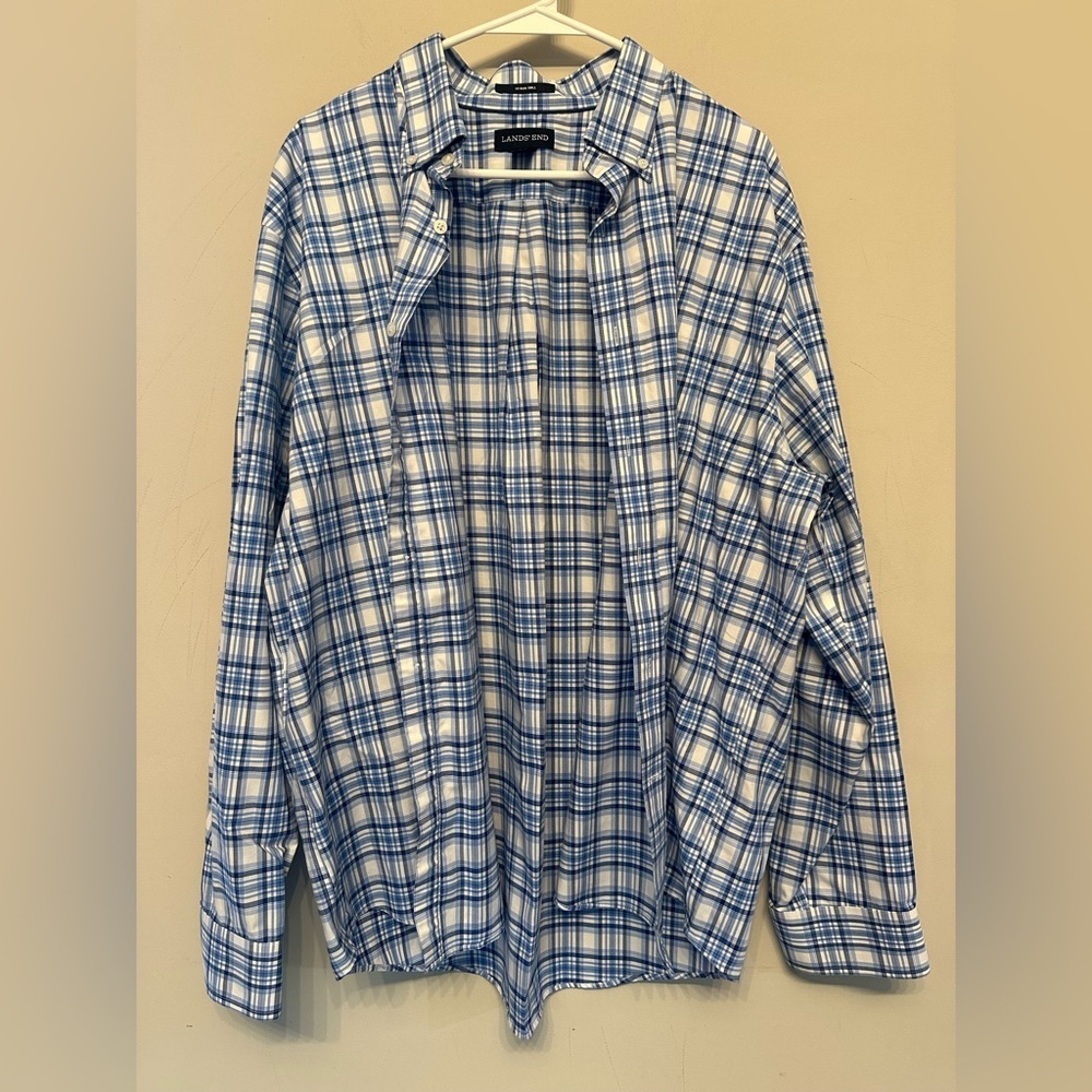 Lands' End Blue and White Checkered Shirt XL